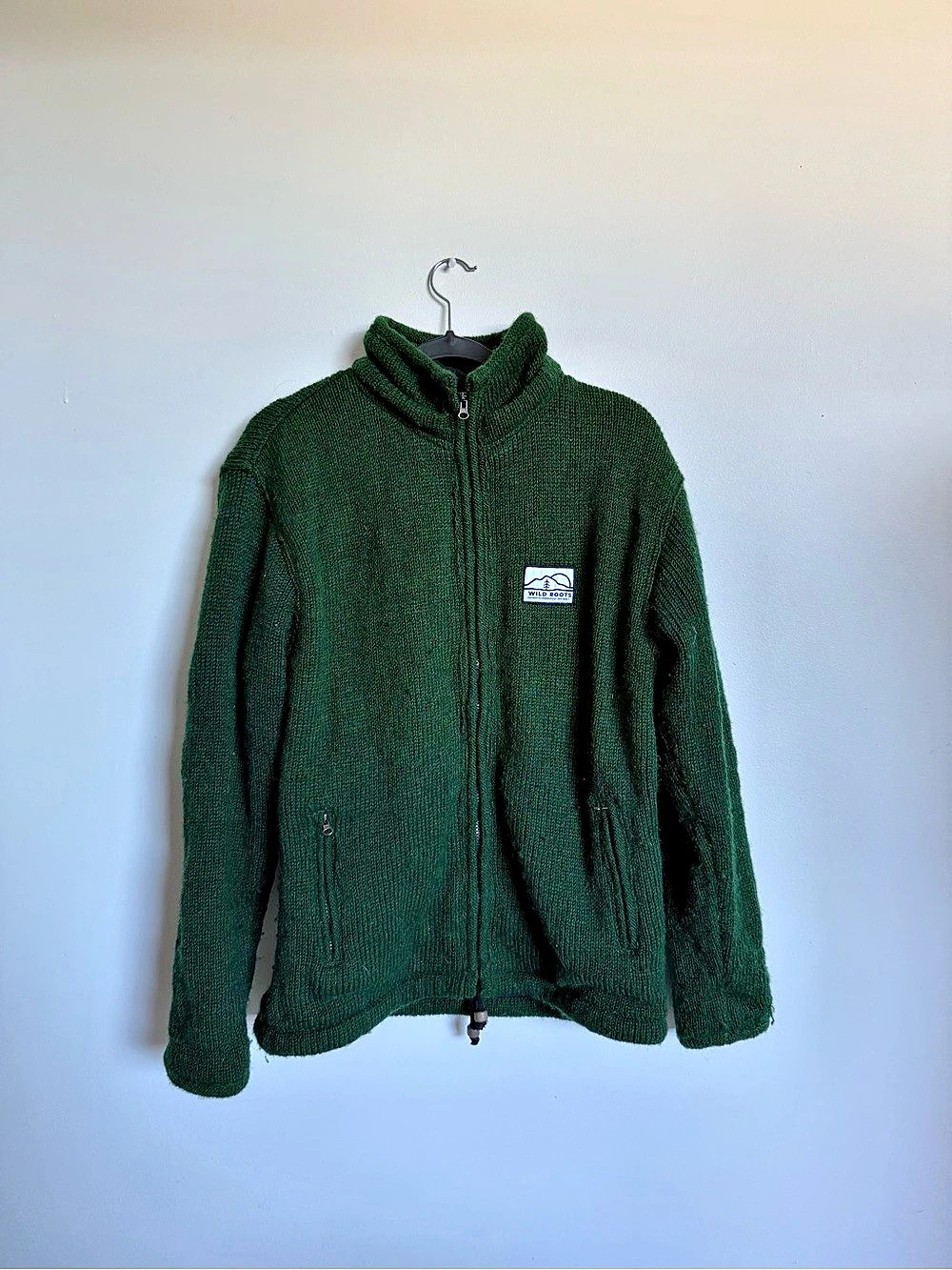 100% Wool Wild Roots Wool Green Zip-Up Turtleneck Size Medium